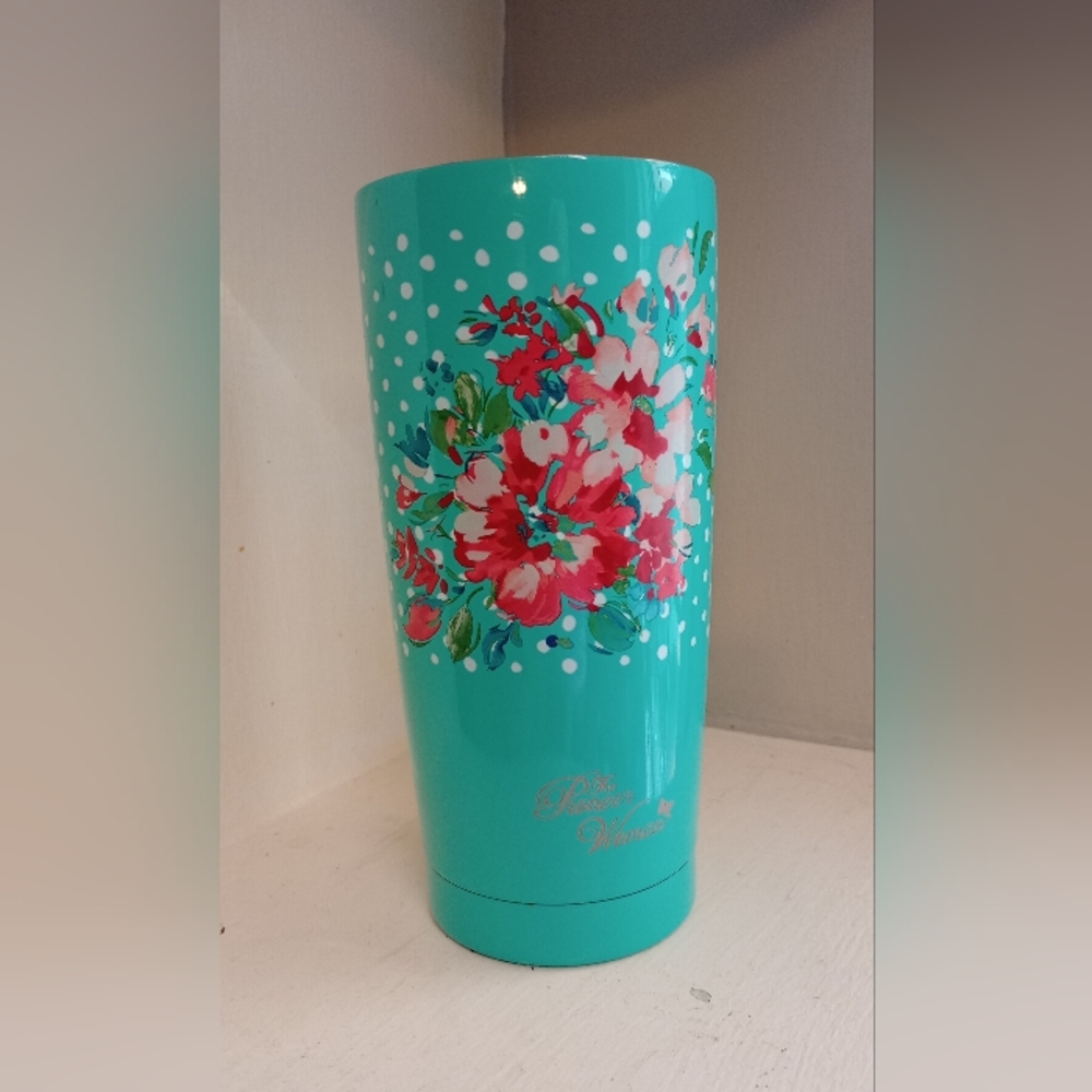 The Pioneer Woman Turquoise Vase with Red and White Floral Design